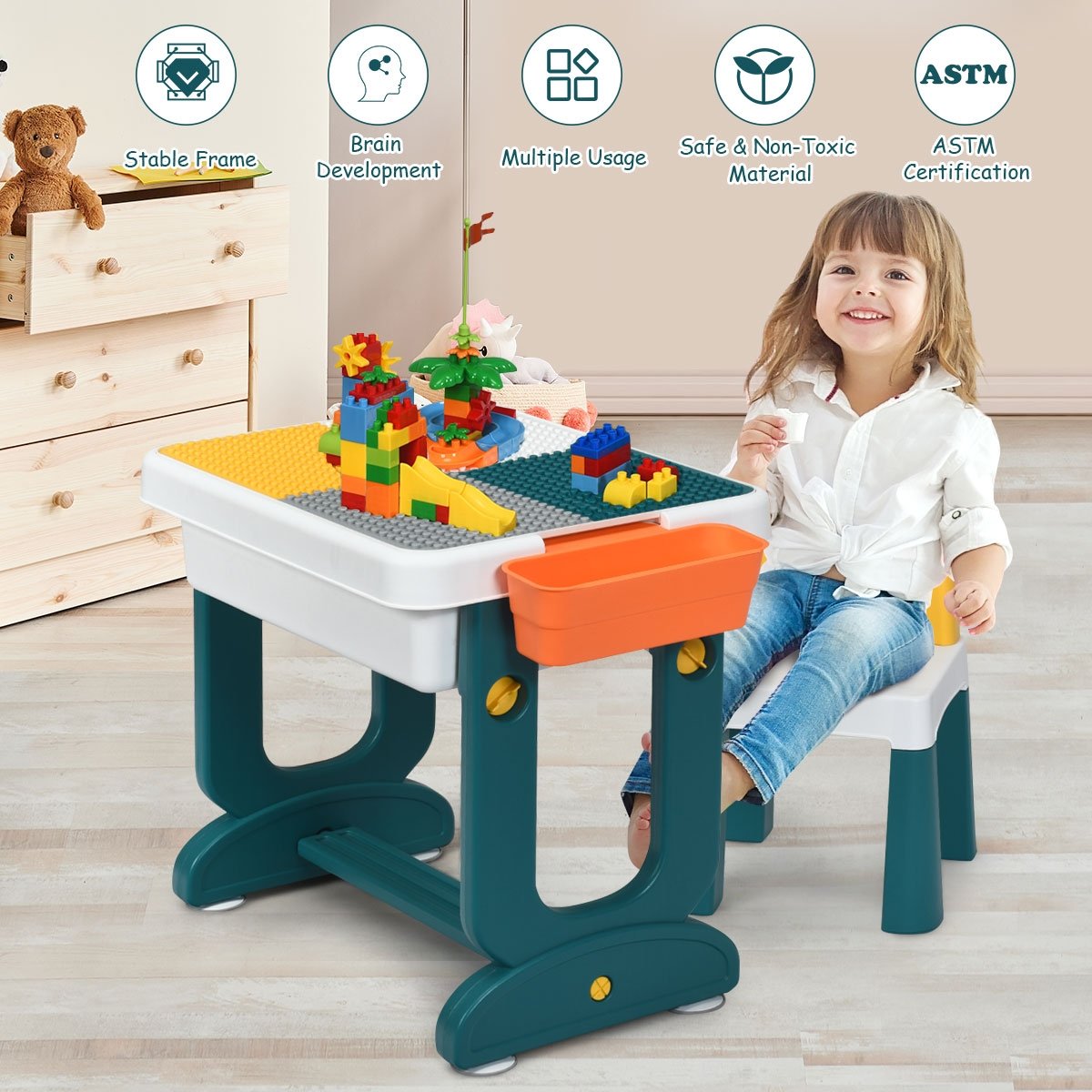 5 in 1 Kids Activity Table and Chair Set with Block Board, Tilting Top and Storage