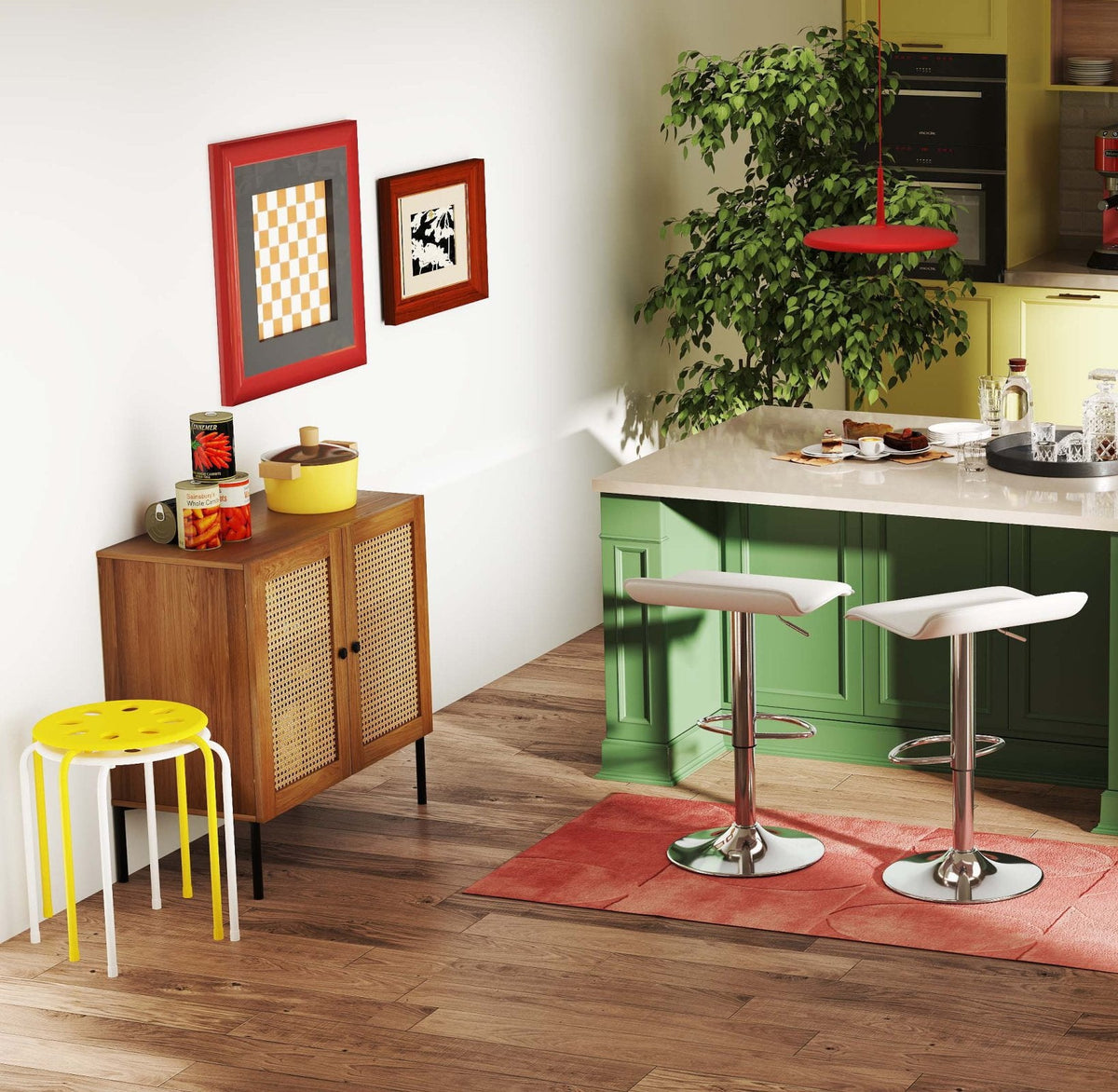 5-Piece Kitchen & Dining Bundle: Adjustable Bar Stools (Set of 2) + Stackable Stools (Set of 6) + Rattan Storage Sideboard