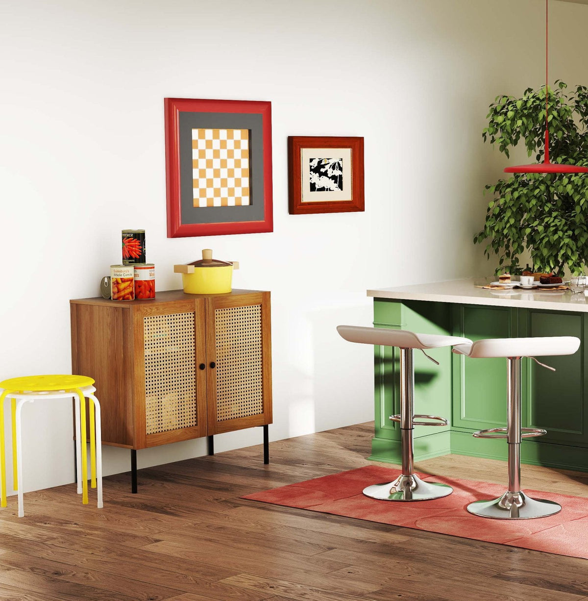 5-Piece Kitchen & Dining Bundle: Adjustable Bar Stools (Set of 2) + Stackable Stools (Set of 6) + Rattan Storage Sideboard