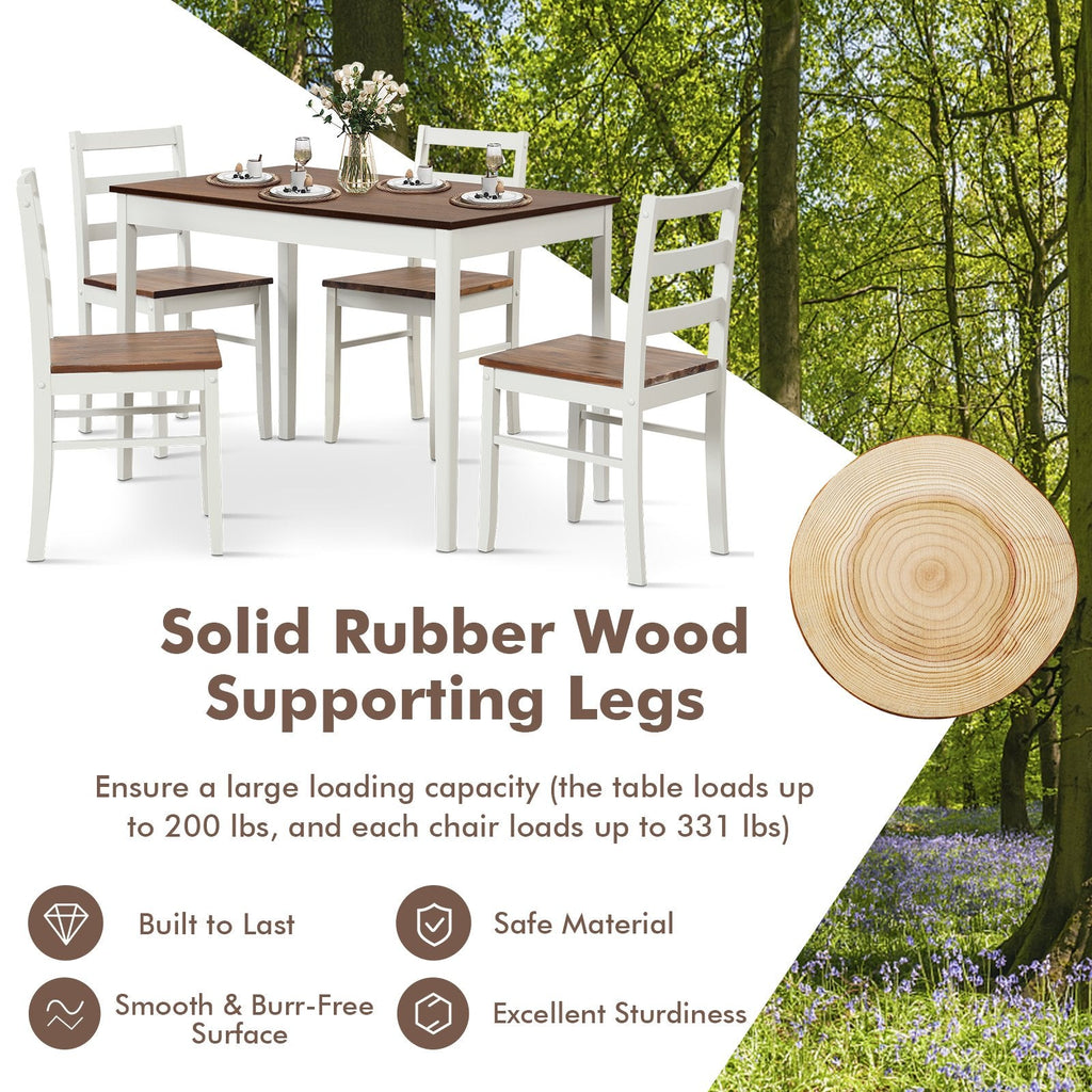 5-Piece Wooden Dining Set with Rectangular Table and 4 Chairs-Coffee and White