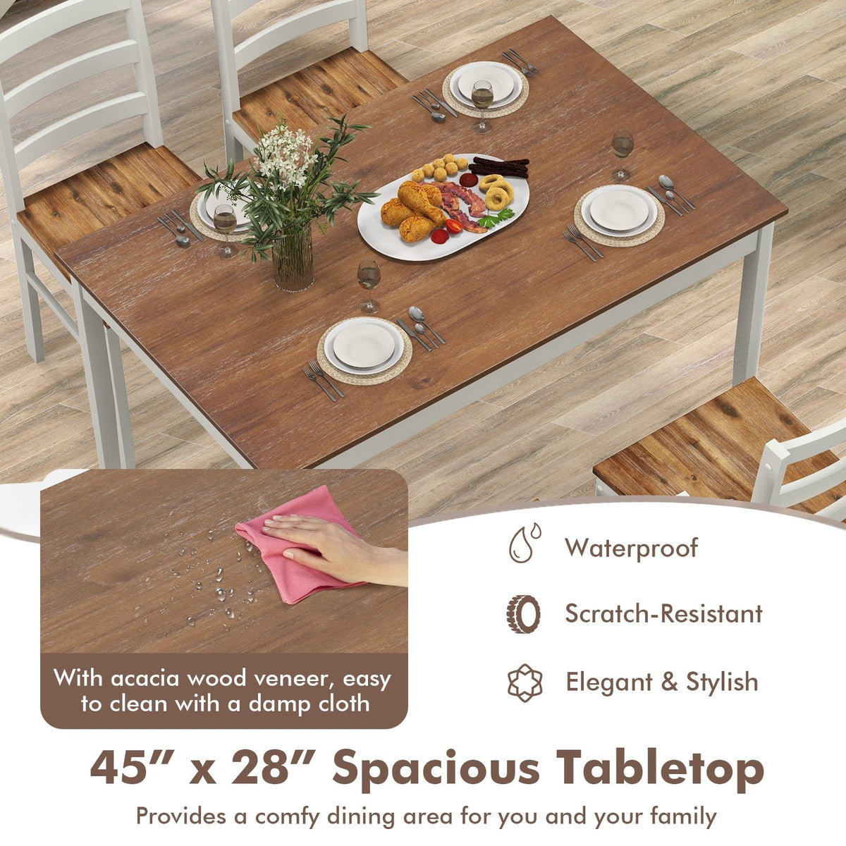 5-Piece Wooden Dining Set with Rectangular Table and 4 Chairs-Coffee and White