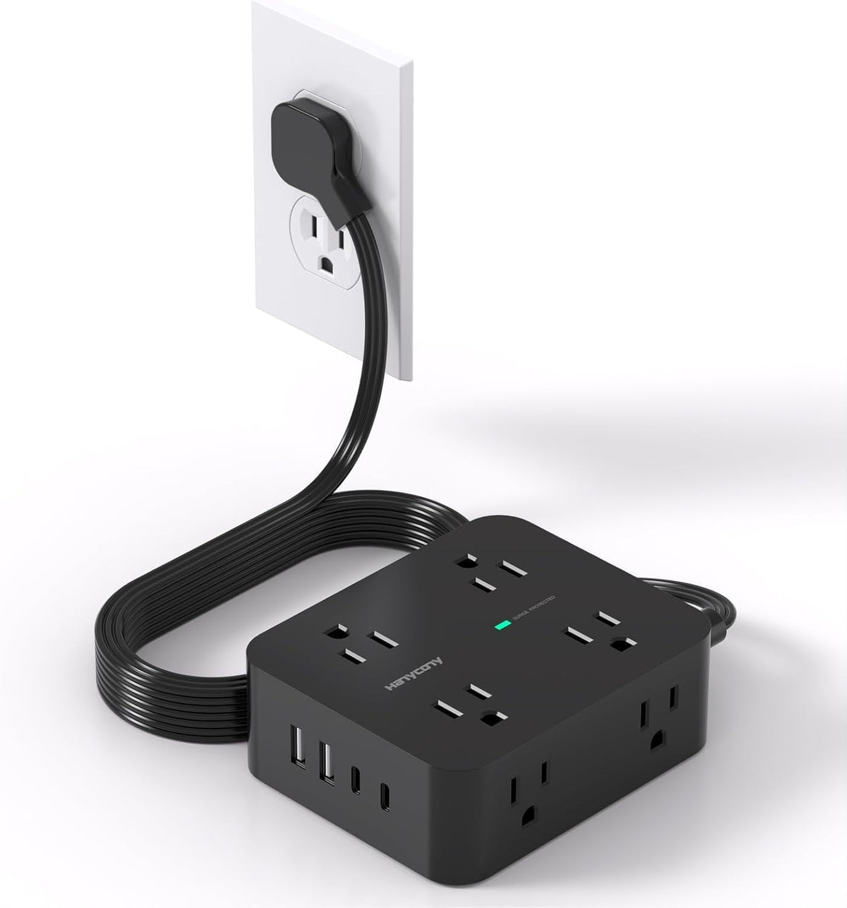 Power Bar Surge Protector, 5 Ft Flat Plug Exetnsion Cord with Multiple Outlets, Power Strip with 4 USB Ports(2 USB C), Wall Mount for Home Office College Dorm Room Essentials, ETI Listed, Black 🍁 All In One Marketplace Canada