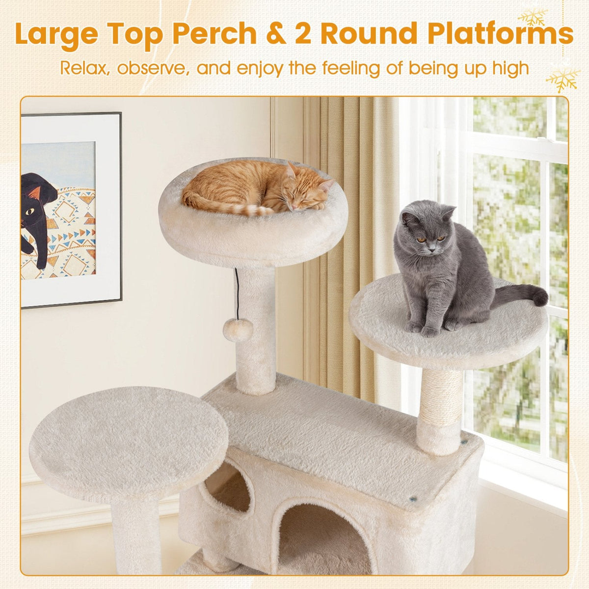 52 Inch Cat Tree with 1 Door and 2 Door Caves, Ramp and Sisal Posts, Beige