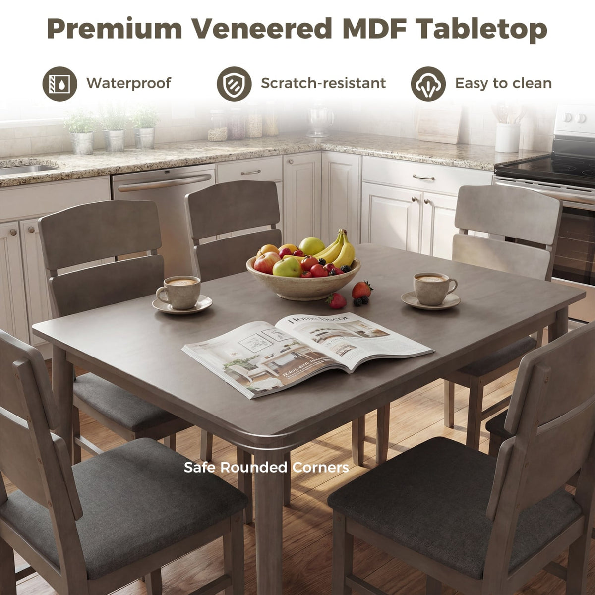 5-Piece Dining Table Set with High Curved Back for 4 People-Gray