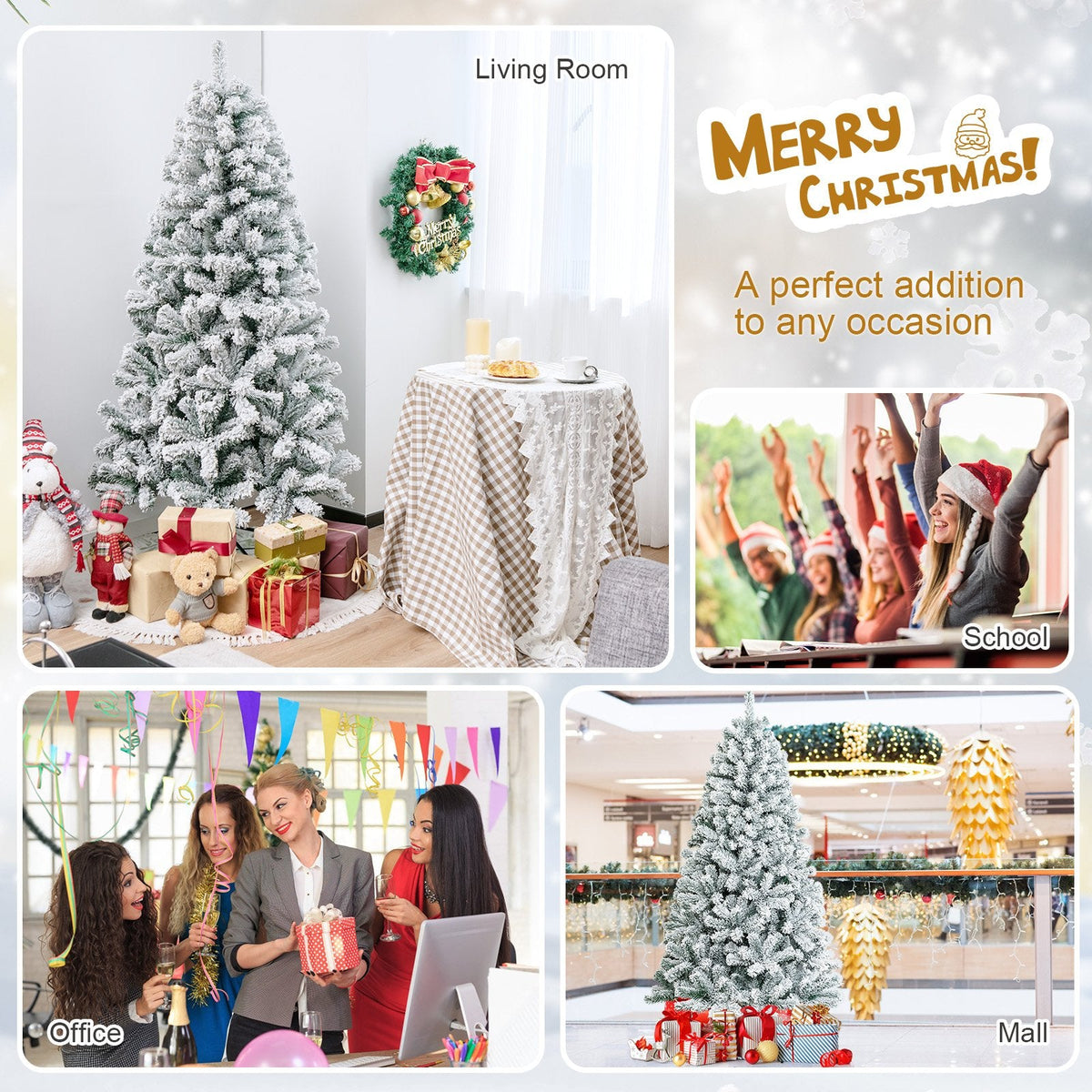 6 FT Snow Flocked Hinged Artificial Christmas Tree with 600 Tips and X Shaped Metal Stand