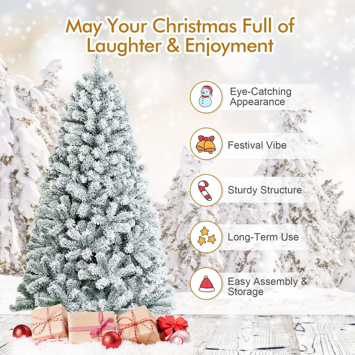 6 FT Snow Flocked Hinged Artificial Christmas Tree with 600 Tips and X Shaped Metal Stand