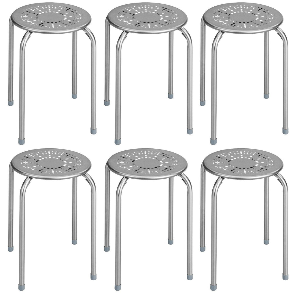 6 Pack Stackable Round Metal Stools with Daisy Cut Seats, 17.5 Inch Seat Height, Silver Grey