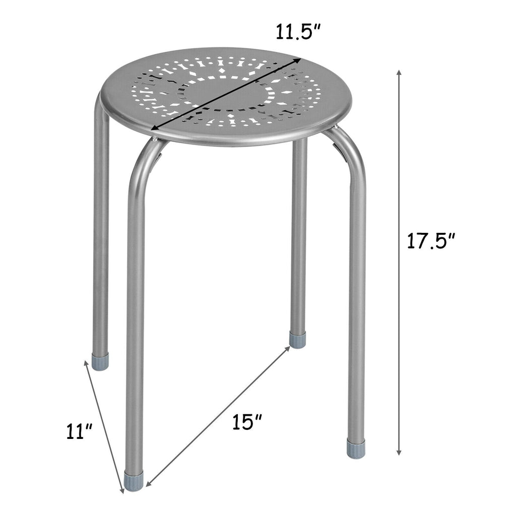 6 Pack Stackable Round Metal Stools with Daisy Cut Seats, 17.5 Inch Seat Height, Silver Grey
