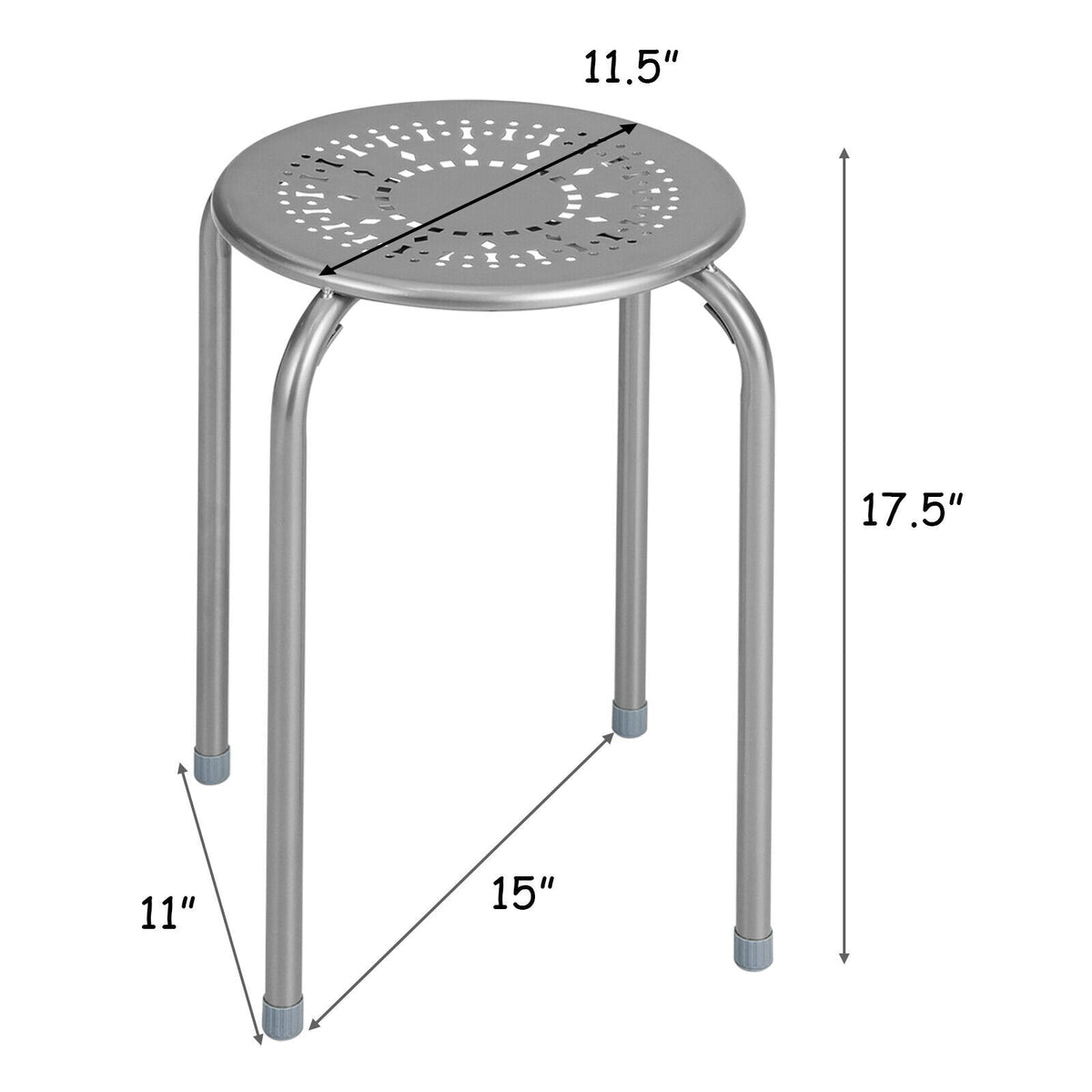 6 Pack Stackable Round Metal Stools with Daisy Cut Seats, 17.5 Inch Seat Height, Silver Grey