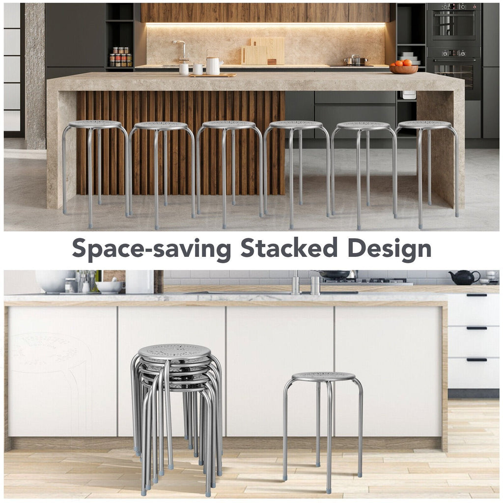 6 Pack Stackable Round Metal Stools with Daisy Cut Seats, 17.5 Inch Seat Height, Silver Grey