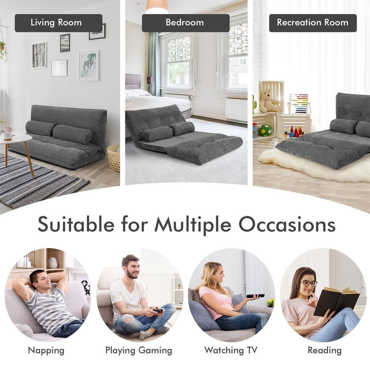 6-Position Adjustable Sleeper Lounge Couch with 2 Pillows-Gray