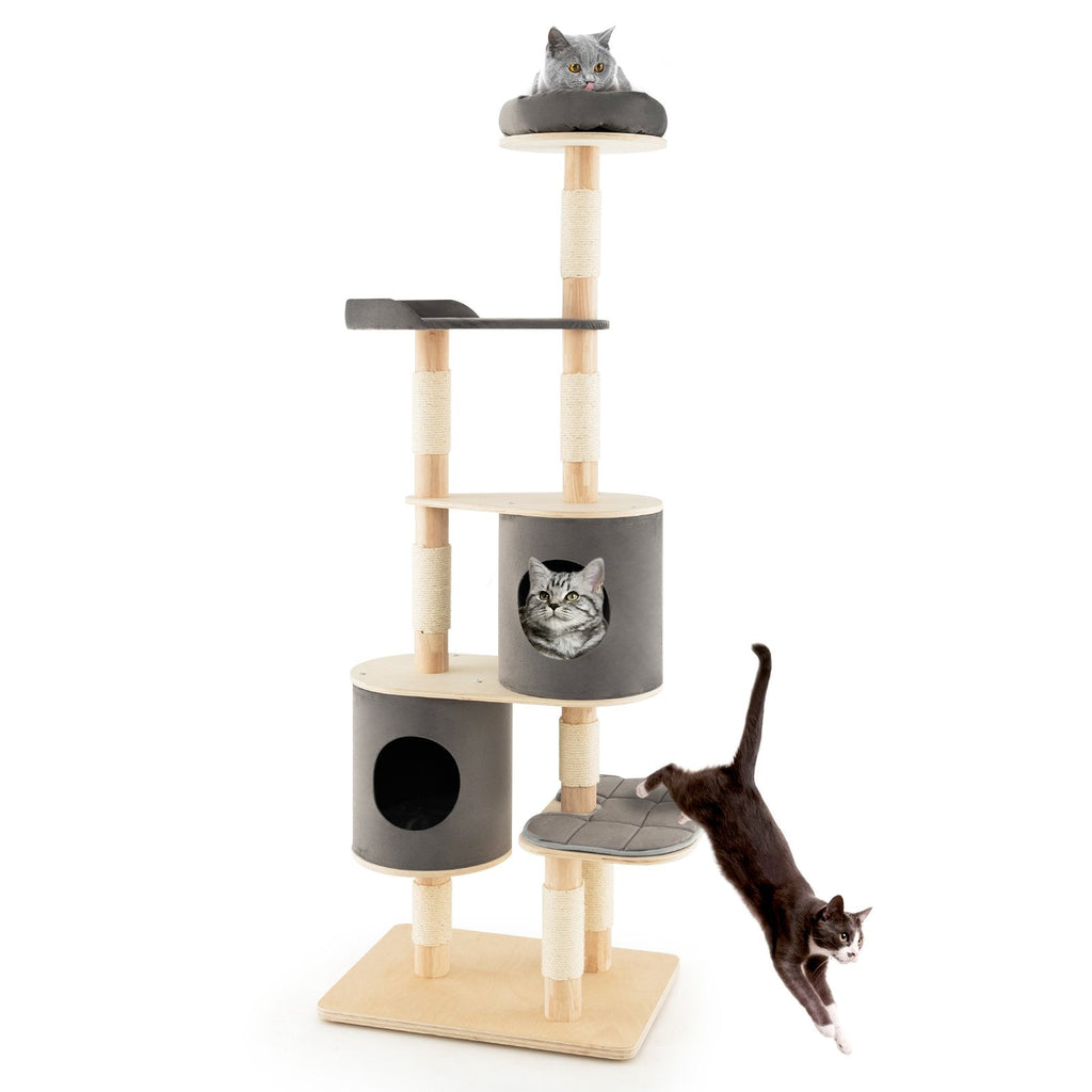 75 Inch Grey 6 Tier Cat Tree with Rubber Wood Pillars, Two Condos and Perch