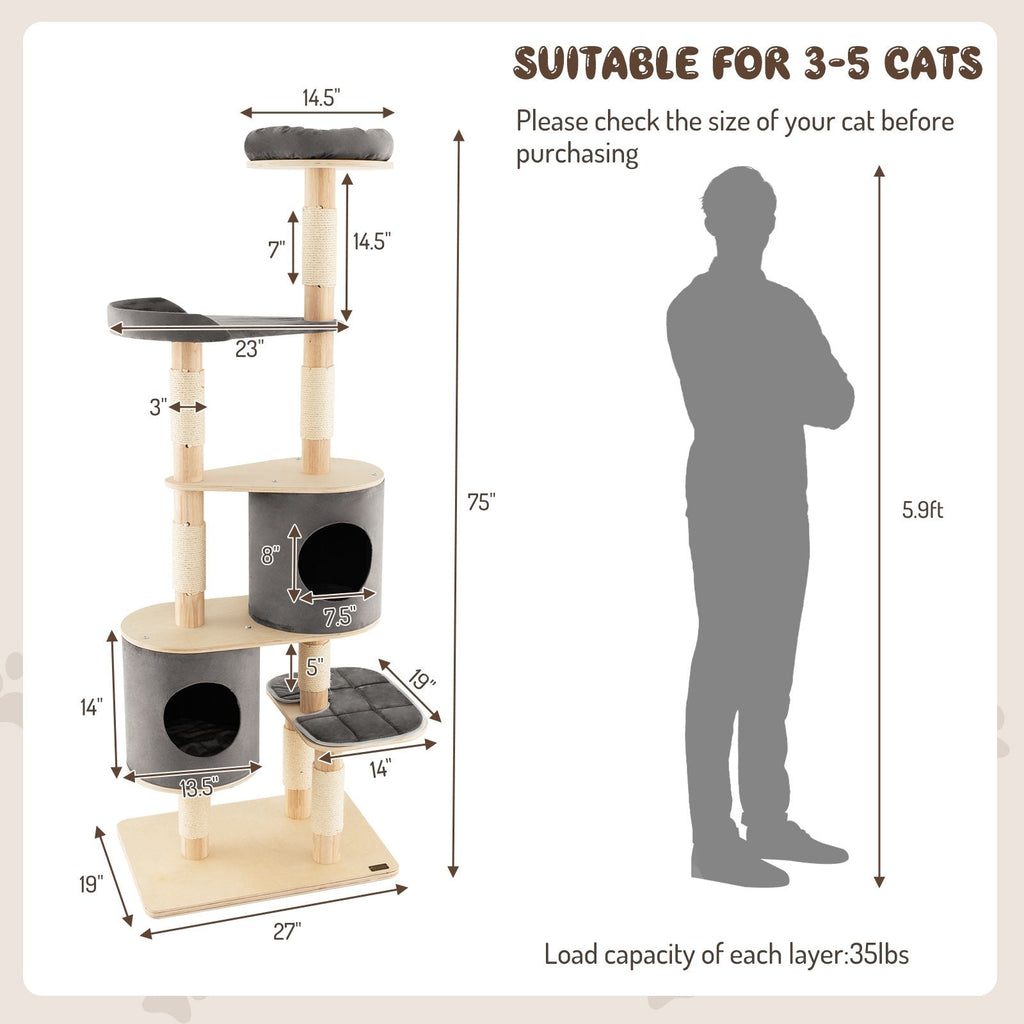 75 Inch Grey 6 Tier Cat Tree with Rubber Wood Pillars, Two Condos and Perch