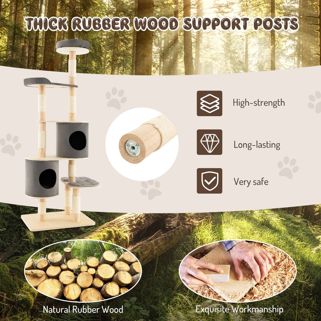 75 Inch Grey 6 Tier Cat Tree with Rubber Wood Pillars, Two Condos and Perch