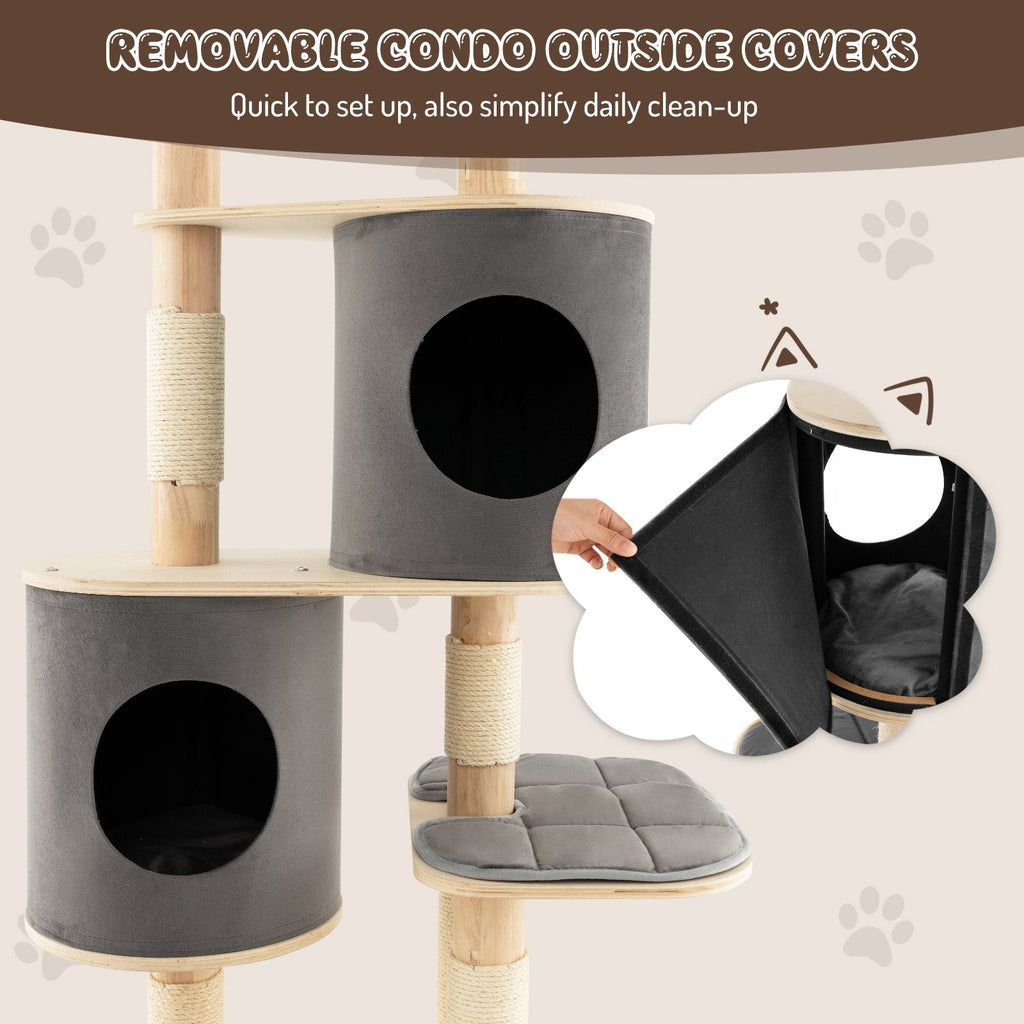 75 Inch Grey 6 Tier Cat Tree with Rubber Wood Pillars, Two Condos and Perch