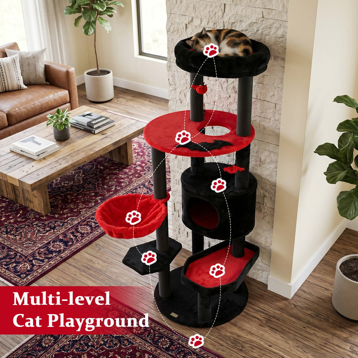 60 Inch Black and Red Cat Tower with Coffin Bed, Spider Toys and Hammock