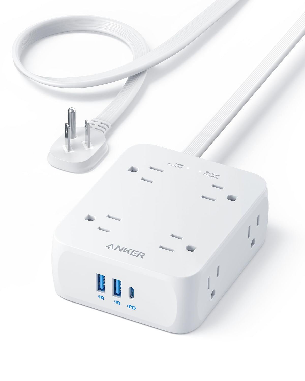 Anker Surge Protector Flat Plug Power Strip 2000J, 5ft Thin Extension Cord, 8 Outlets,2 USB A and 1 USB C Port,20W for iPhone15,Wall Mount,Compact for Home,Office,Room,TUV Listed (White) 🍁 All In One Marketplace Canada