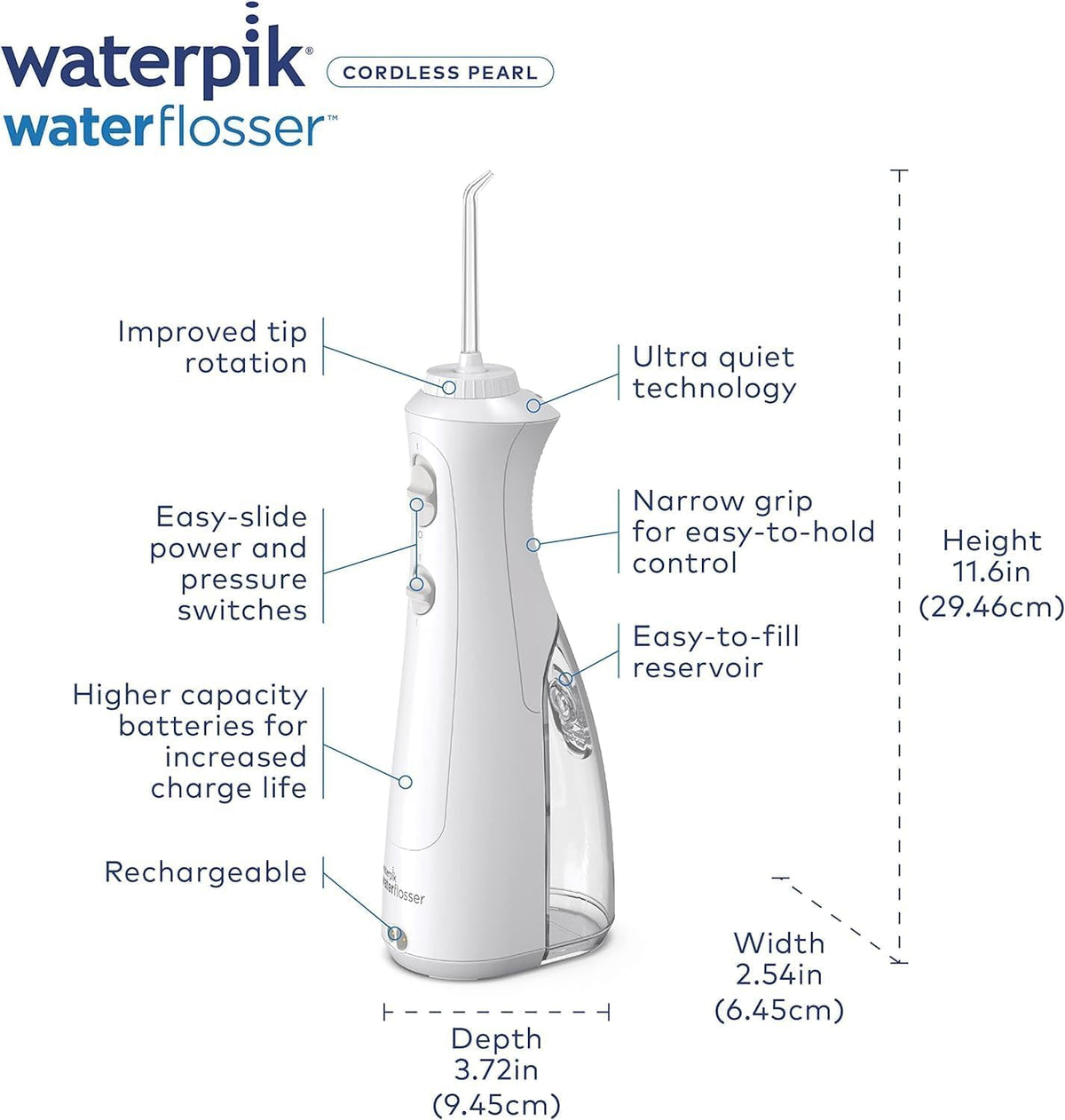 Waterpik Cordless Pearl Rechargeable Portable Water Flosser for Teeth, Gums, Braces Care and Travel with 4 Flossing Tips - CDA Validated, WF-13 White, Packaging May Vary 🍁 All In One Marketplace Canada