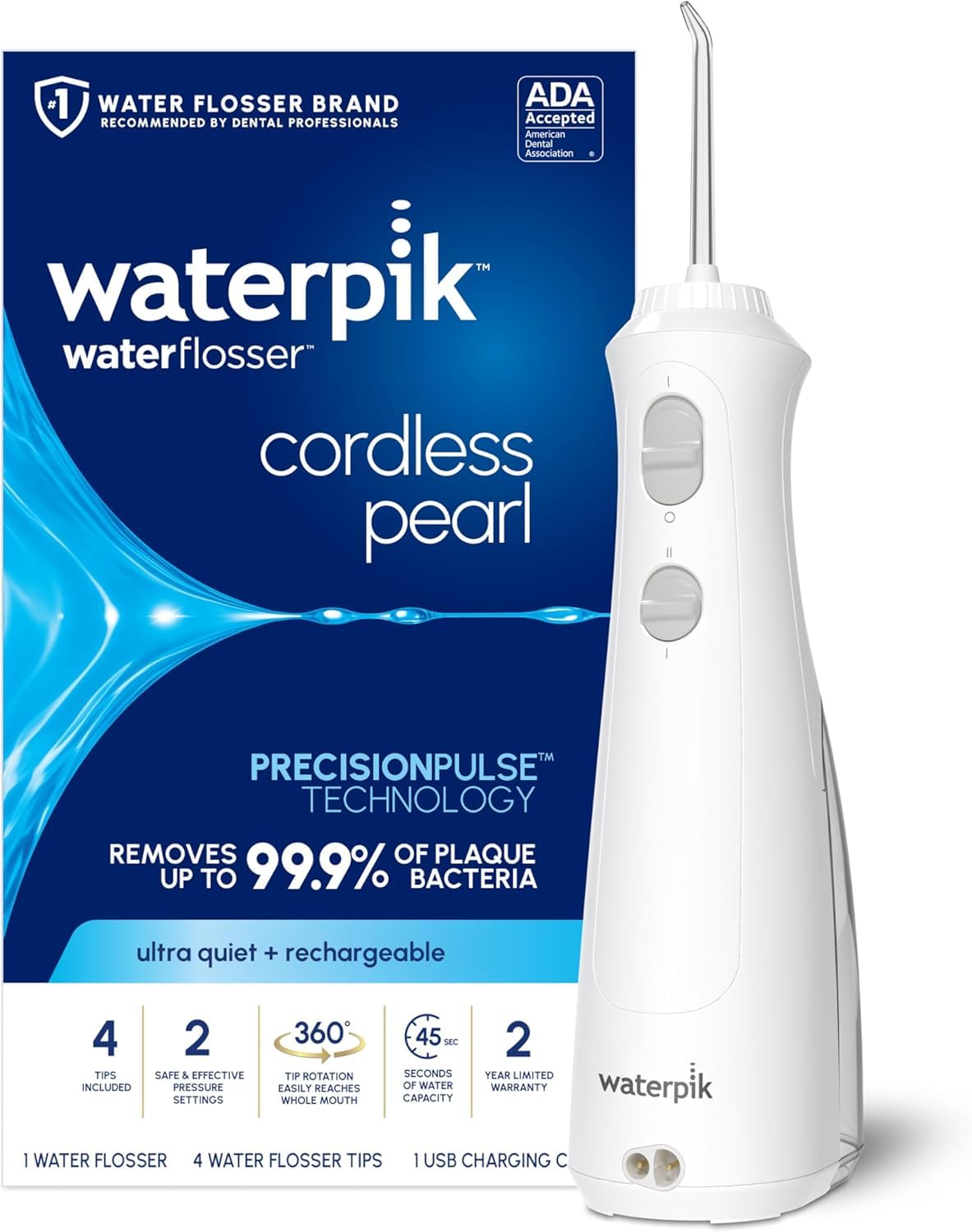 Waterpik Cordless Pearl Rechargeable Portable Water Flosser for Teeth, Gums, Braces Care and Travel with 4 Flossing Tips - CDA Validated, WF-13 White, Packaging May Vary 🍁 All In One Marketplace Canada