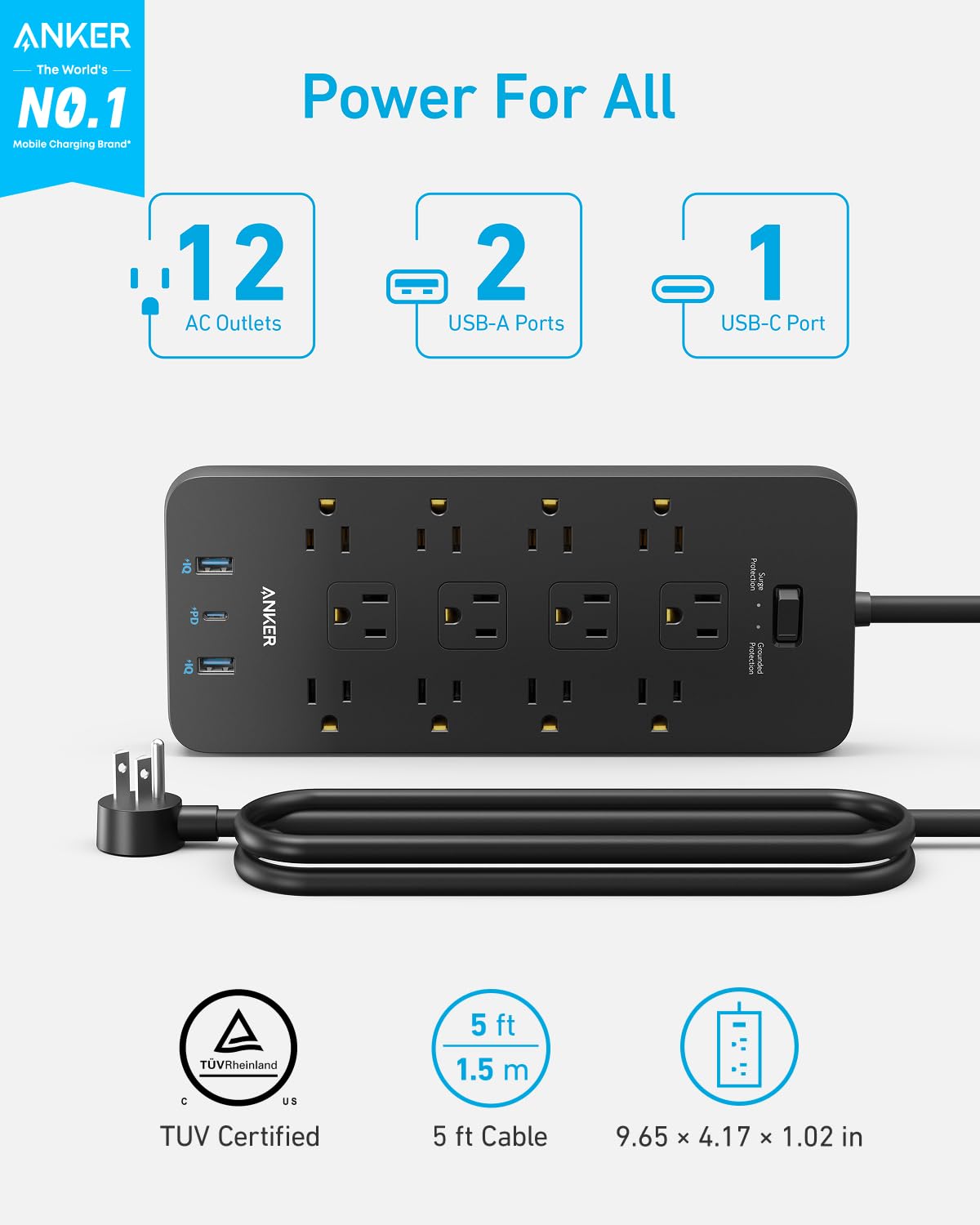 Anker Power Strip Surge Protector (2100J), 12 Outlets with 2 USB A and 1 USB C Port for Multiple Devices, 5ft Extension Cord, 20W Power Delivery Charging for Home, Office, Dorm Essential, TUV Listed 🍁 All In One Marketplace Canada