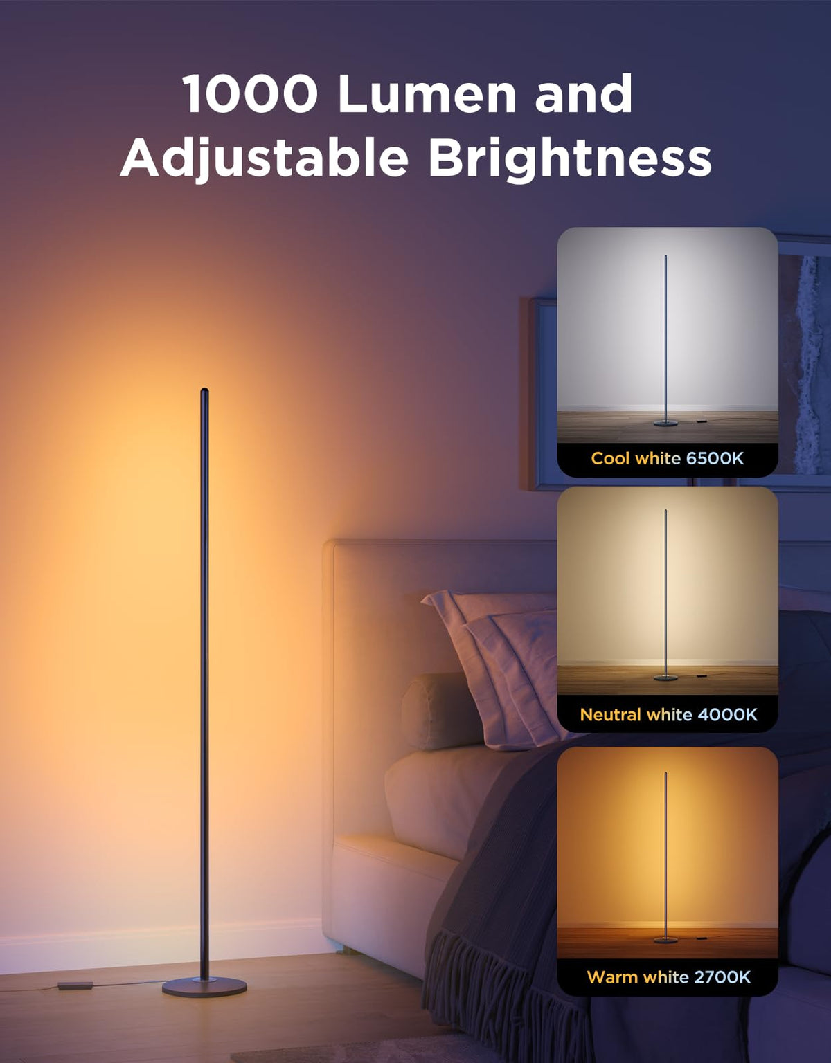 Govee Floor Lamp Basic, 1000lm LED Corner Lamp Compatible with SmartThings, Matter, Alexa, Standing Lamp with Music Mode and 16 Million DIY Colors, 85 Dynamic Scene, Modern Floor Lamp for Living Room 🍁 All In One Marketplace Canada