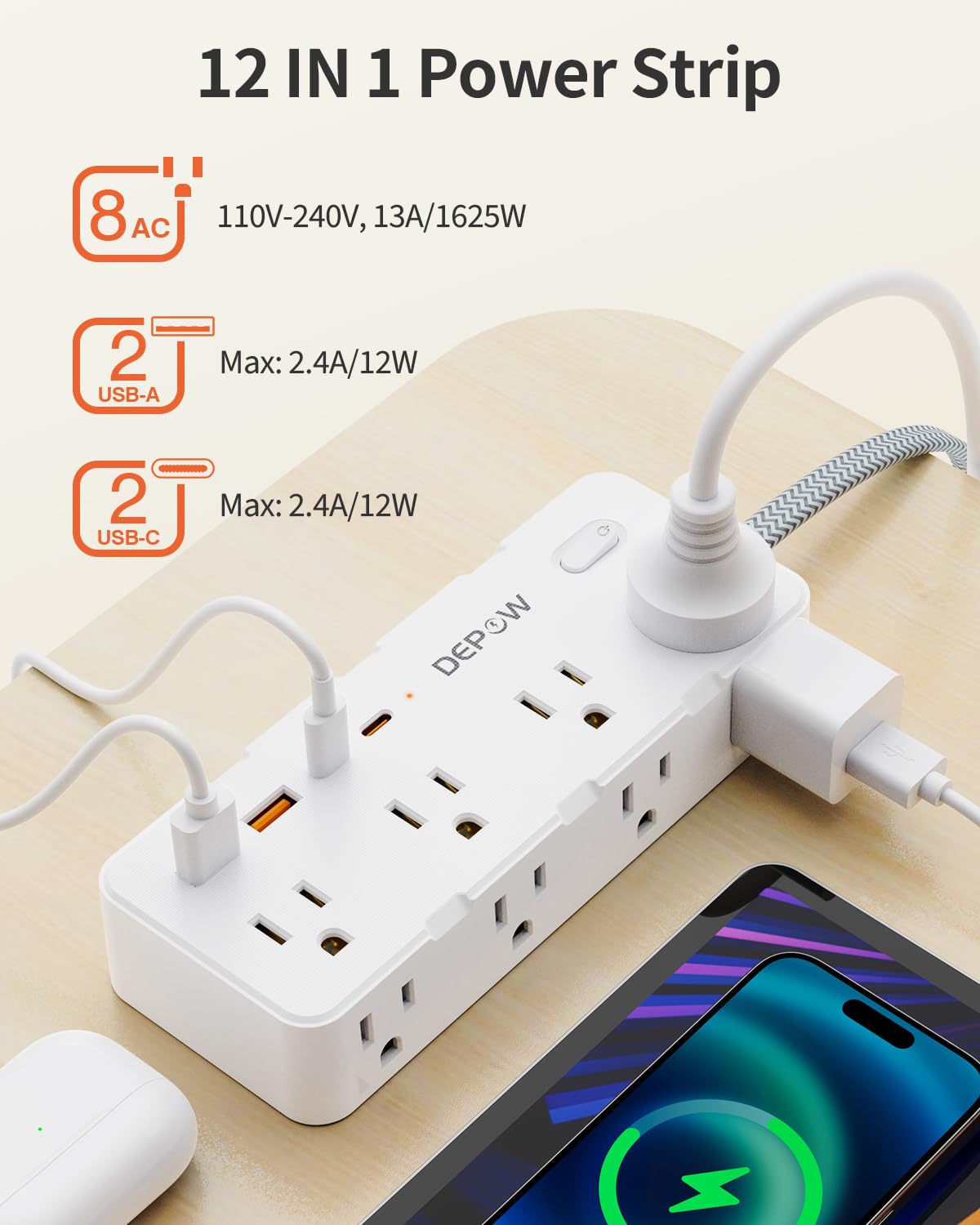 DEPOW Power Bar Surge Protector with 5FT Braided Flat Extension Cord, Wall Mount Charging Station with 8 Outlets 4 USB Ports(2 USB C), Ultra Thin Flat Plug for Home Office, Dorm, Hotel, Travel 🍁 All In One Marketplace Canada