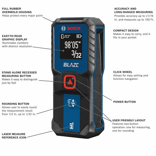 BOSCH GLM100-23 100 Ft Blaze Laser Distance Measure, Includes 2 AA Batteries, Distance Measuring Laser 🍁 All In One Marketplace Canada