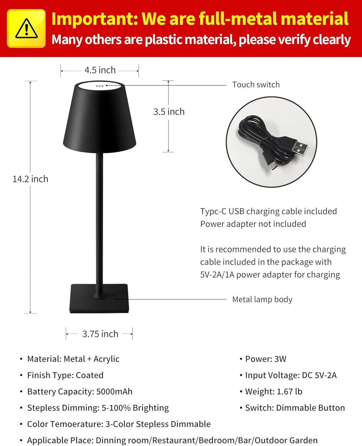 Ophouliy Set of 2 Cordless Table Lamps, LED Rechargeable Battery Operated Desk Lamps with 3 Color Stepless Dimmable, IP54 Waterproof Portable for Outdoor Patio Bar Restaurants Bedroom Bedside (Black) 🍁 All In One Marketplace Canada