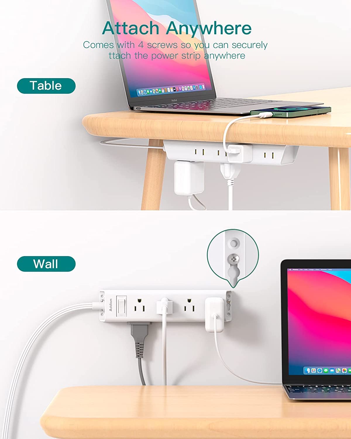 Addtam Flat Plug Power Bar, Ultra Thin Flat Extension Cord with 1050J Surge Protector, 12 Widely AC 3 Sides Multiple Outlets, 5Ft Wall Mount, Desk Charging Station for Home Office Dorm Room Essentials 🍁 All In One Marketplace Canada