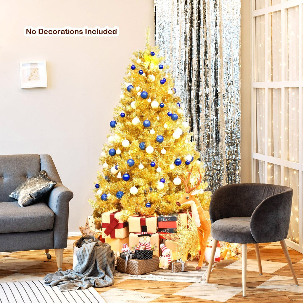 6 FT Champagne Gold Tinsel Christmas Tree, Hinged with Foldable Stand, Unlit
