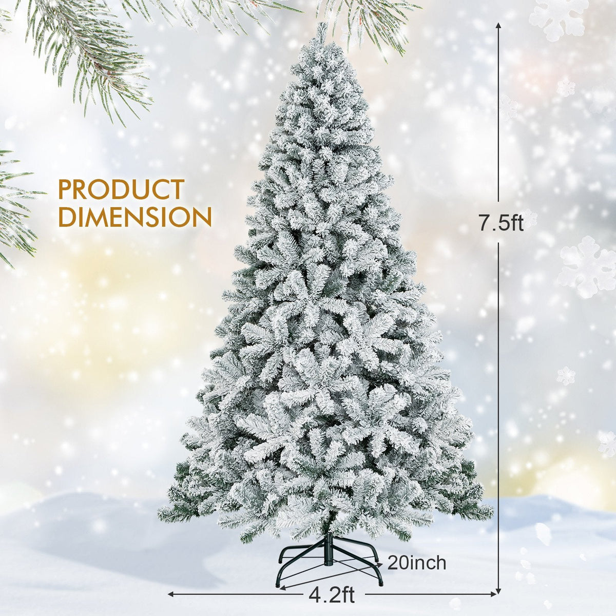 7.5 FT Snow Flocked Artificial Christmas Tree, Unlit, 1010 Tips, Four Hinged Sections