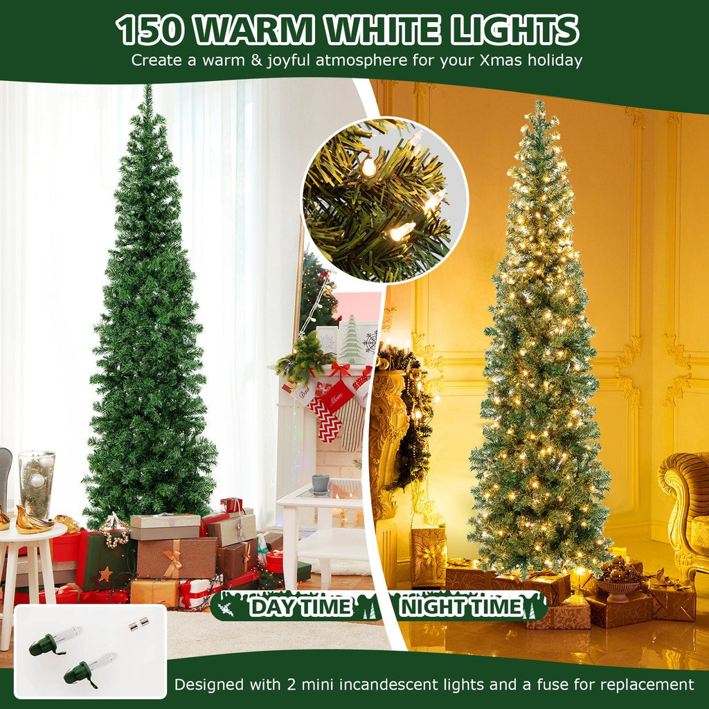 7 FT Pre-Lit Half Christmas Tree, Flat Back Wall Tree with 450 Tips and 150 Warm White Lights