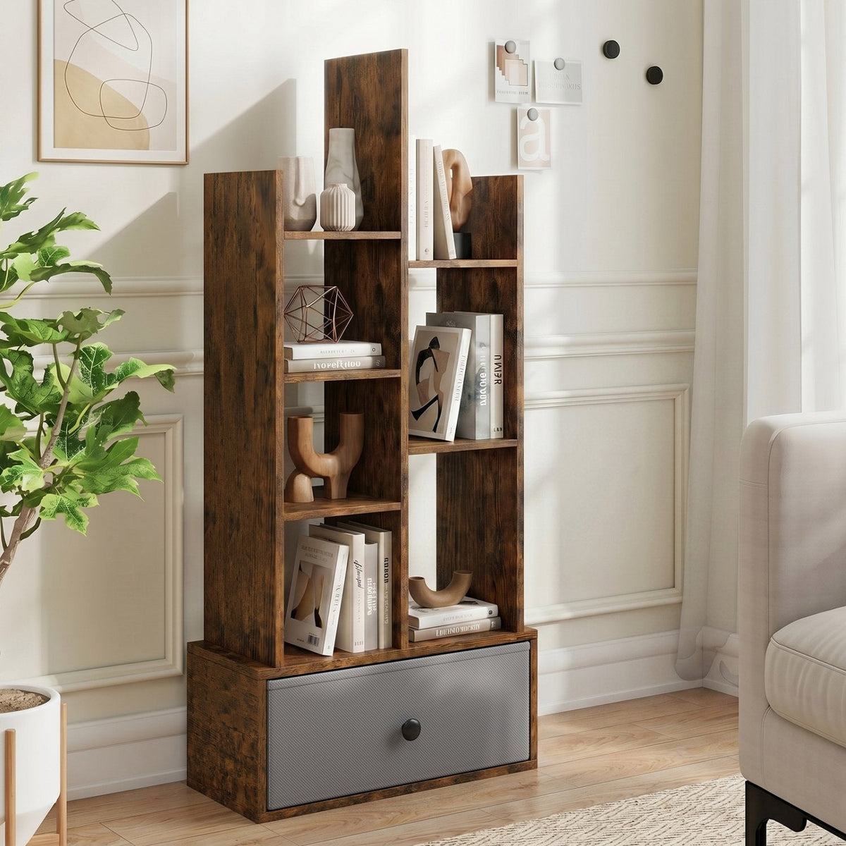 7 Tier Open Back Bookshelf with Fabric Drawer, Narrow Display Shelf, Rustic Brown