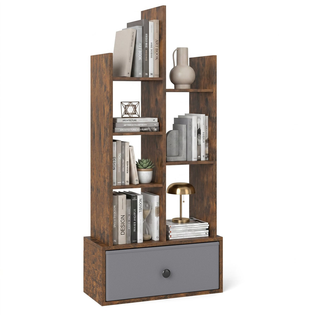 7 Tier Open Back Bookshelf with Fabric Drawer, Narrow Display Shelf, Rustic Brown