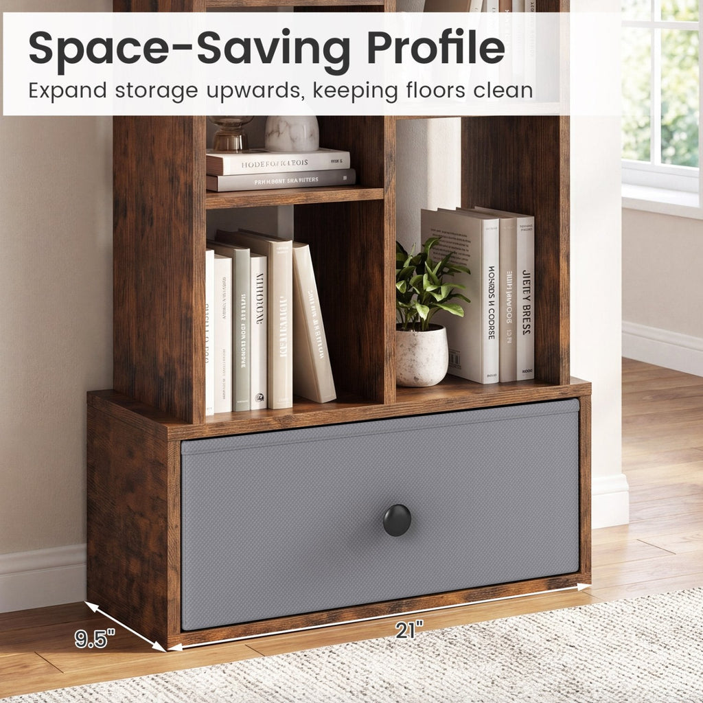 7 Tier Open Back Bookshelf with Fabric Drawer, Narrow Display Shelf, Rustic Brown
