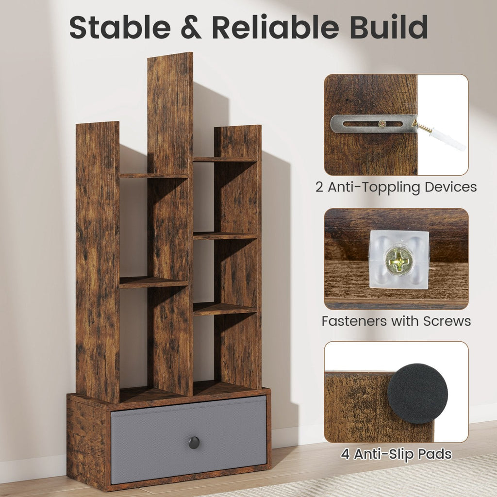 7 Tier Open Back Bookshelf with Fabric Drawer, Narrow Display Shelf, Rustic Brown