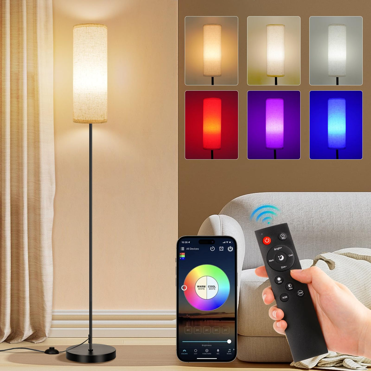 FRIDEKO HOME Floor Lamps for Living Room, Dimmable 3 Colors Temperature Floor Lamp with Remote, Tall Standing Lamps for Living Room Bedroom Office Corner, Foot Switch, Beige Shade, 9W RGB LED Bulb 🍁 All In One Marketplace Canada