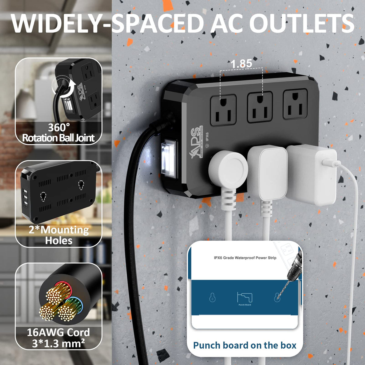 Outdoor Power Strip Weatherproof, Waterproof Surge Protector with 6 Wide Outlet with 3 USB Ports, 6FT Long Extension Cord,1875W Overload Protection，Outlet Extender for Christmas Lights ETL Black 🍁 All In One Marketplace Canada