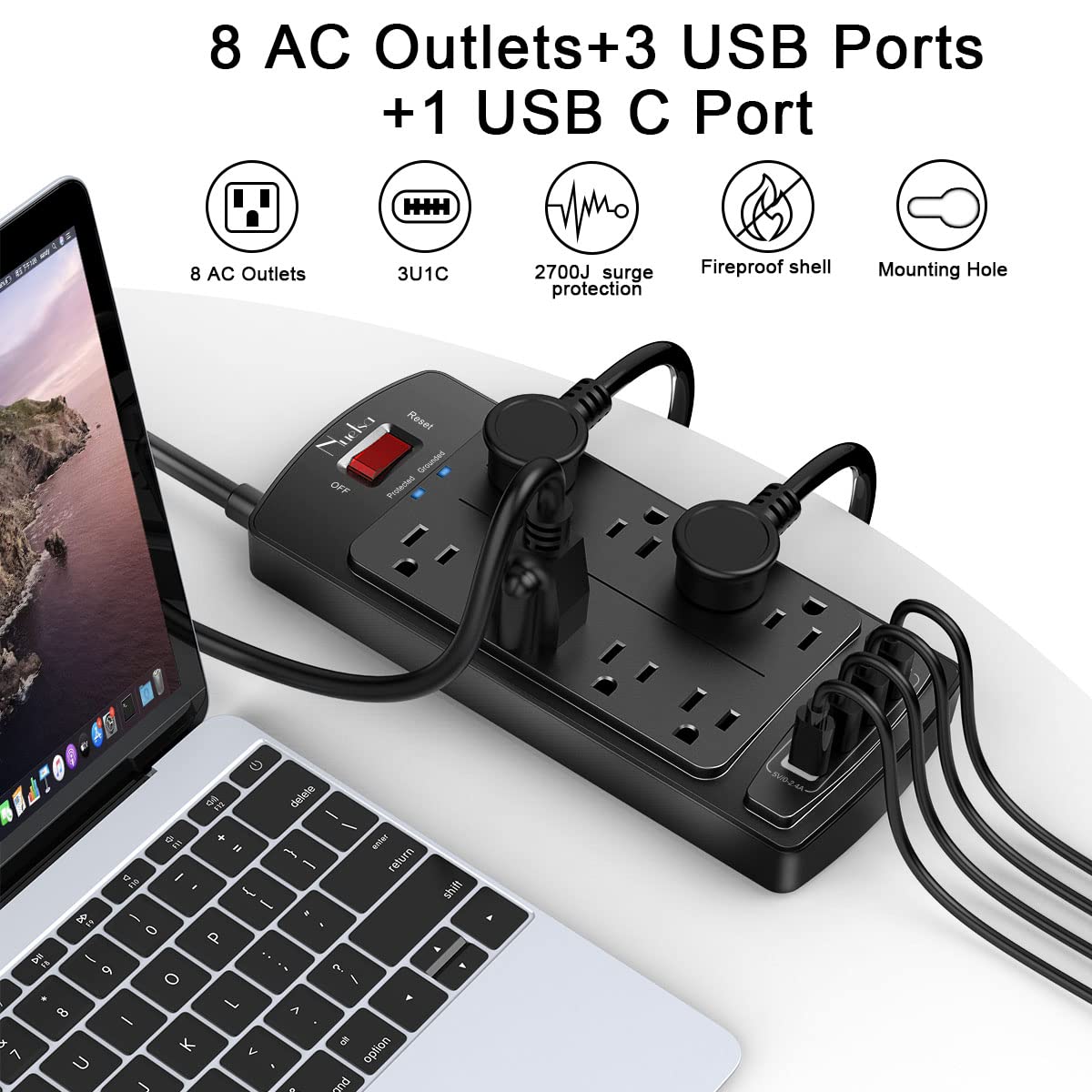 6Ft Extension Cord Power Bar, Nuetsa Surge Protector 8 AC Outlets and 4 USB Ports(3U1C), 6 Feet Power Strip (1625W/13A) for Home, Office, 2700 Joules, ETL Listed, Black 🍁 All In One Marketplace Canada
