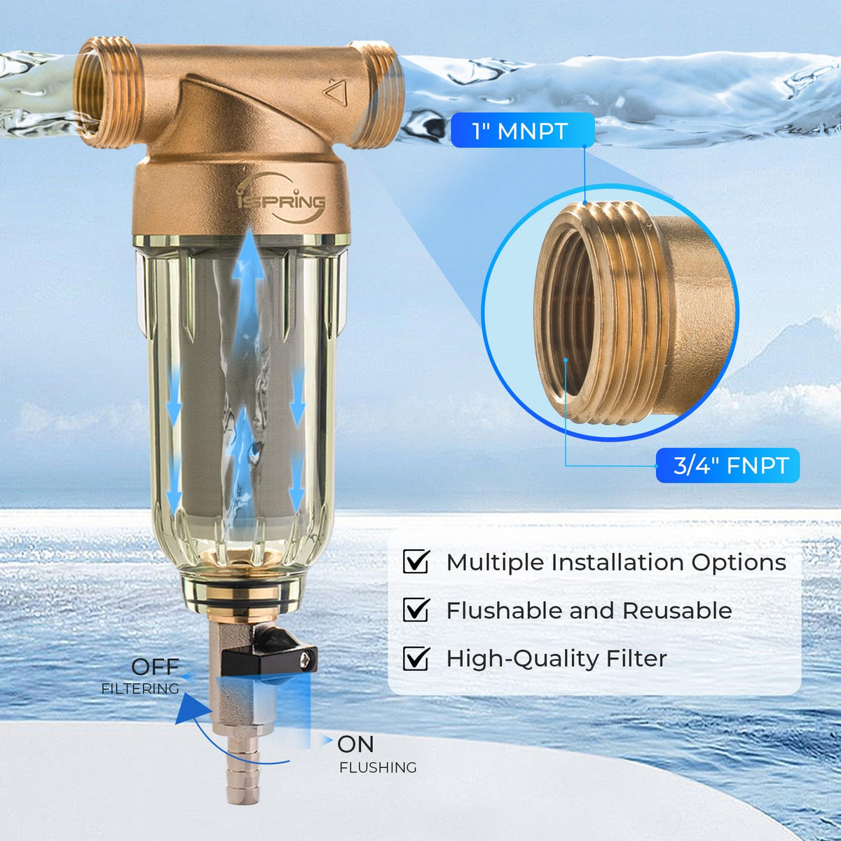 iSpring WSP-100 Spin Down Sediment Water Filter, Whole House Reusable Flushable Prefilter for Well Water, 100-Micron, 1" MNPT + 3/4" FNPT, Lead-Free Brass 🍁 All In One Marketplace Canada