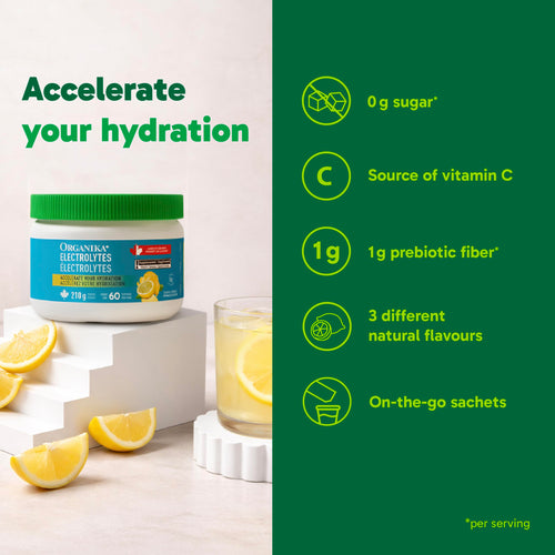 Organika Canadian-Made Electrolytes Powder with Vitamin C & Prebiotic Fibre - Sugar-Free Hydration Drink Mix - Classic Lemonade - 210 g - 60 servings 🍁 All In One Marketplace Canada