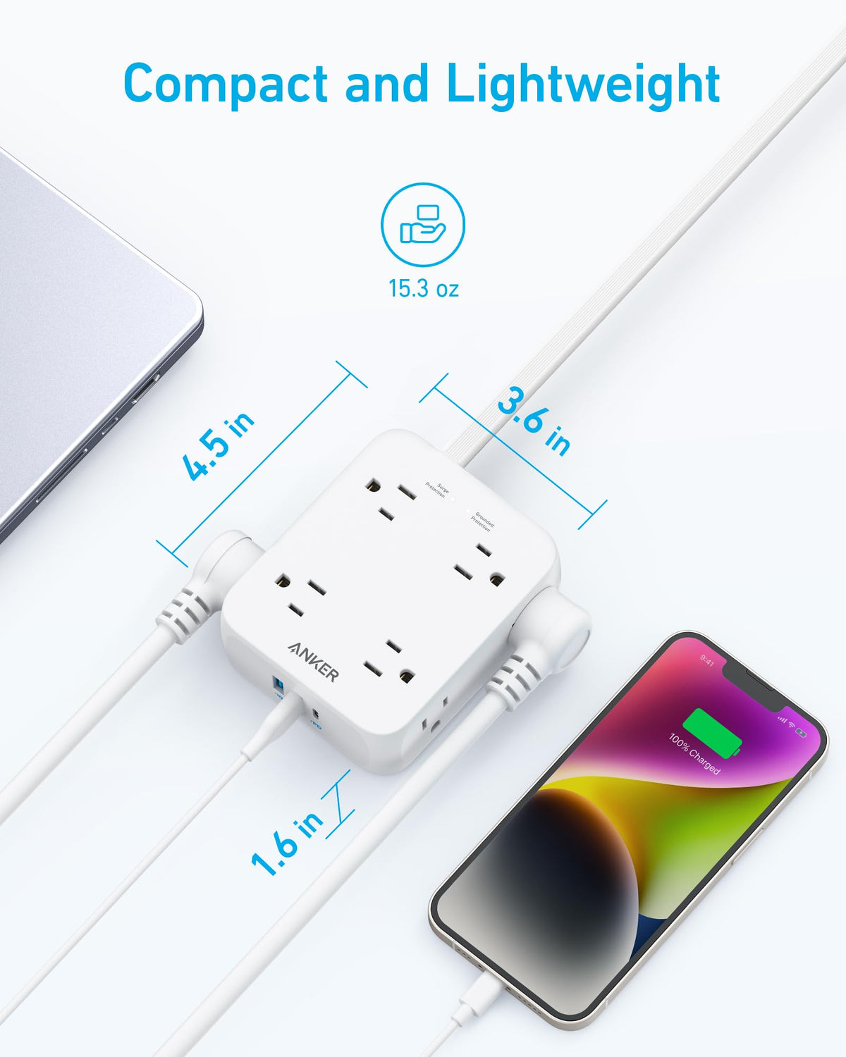 Anker Surge Protector Flat Plug Power Strip 2000J, 5ft Thin Extension Cord, 8 Outlets,2 USB A and 1 USB C Port,20W for iPhone15,Wall Mount,Compact for Home,Office,Room,TUV Listed (White) 🍁 All In One Marketplace Canada