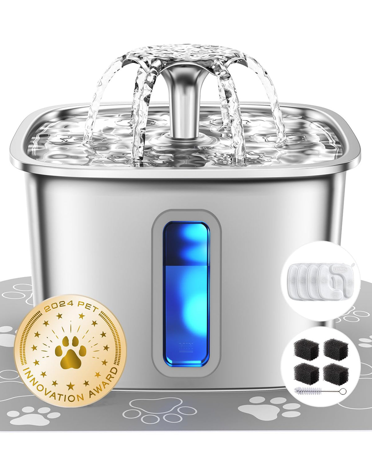 Veken Innovation Award Winner Stainless Steel Cat Water Fountain, 108oz/3.2L Pet Fountain with 4 Replacement Filters & 4 Pre-Filter Sponges & Silicone Mat, for Cats, Dogs (Silver) 🍁 All In One Marketplace Canada