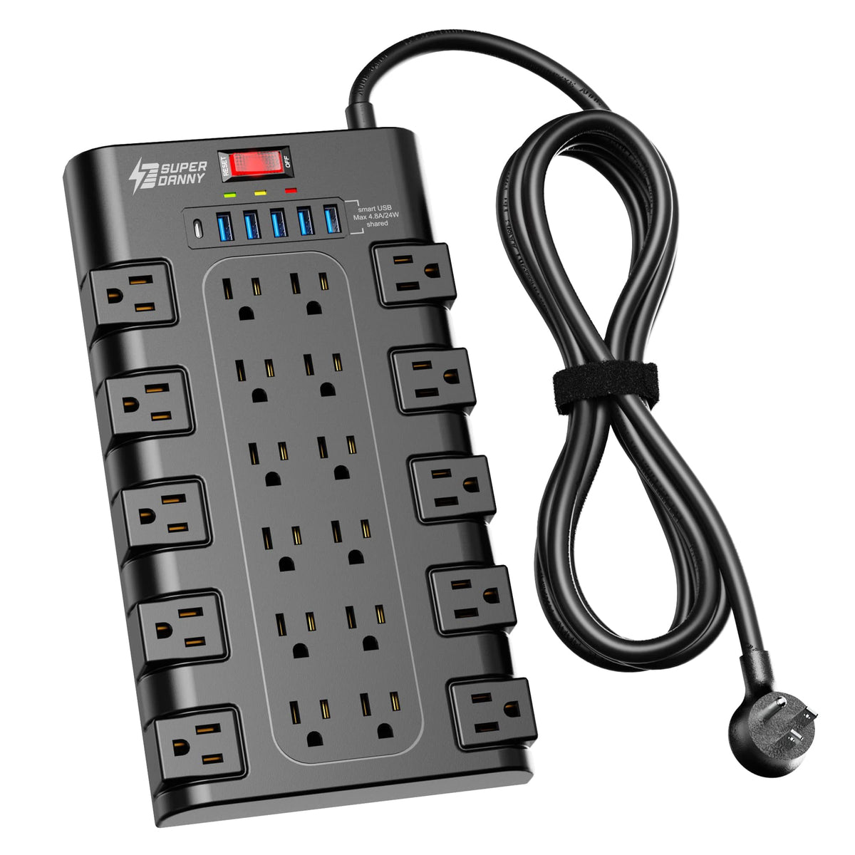 SUPERDANNY Surge Protector Power Bar with 6 USB Charging Ports, Mountable Flat Plug Power Strip, 22 Widely-Spaced Outlets, 2100 Joules, 6.5Ft Heavy Duty Extension Cord for Home, Office, Dorm, Black 🍁 All In One Marketplace Canada
