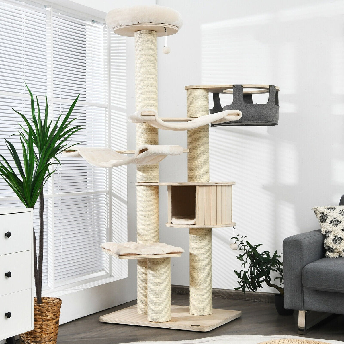 77.5 Inch Cat Tree with a Wooden Condo, Two Hammocks and 6 Inch Posts