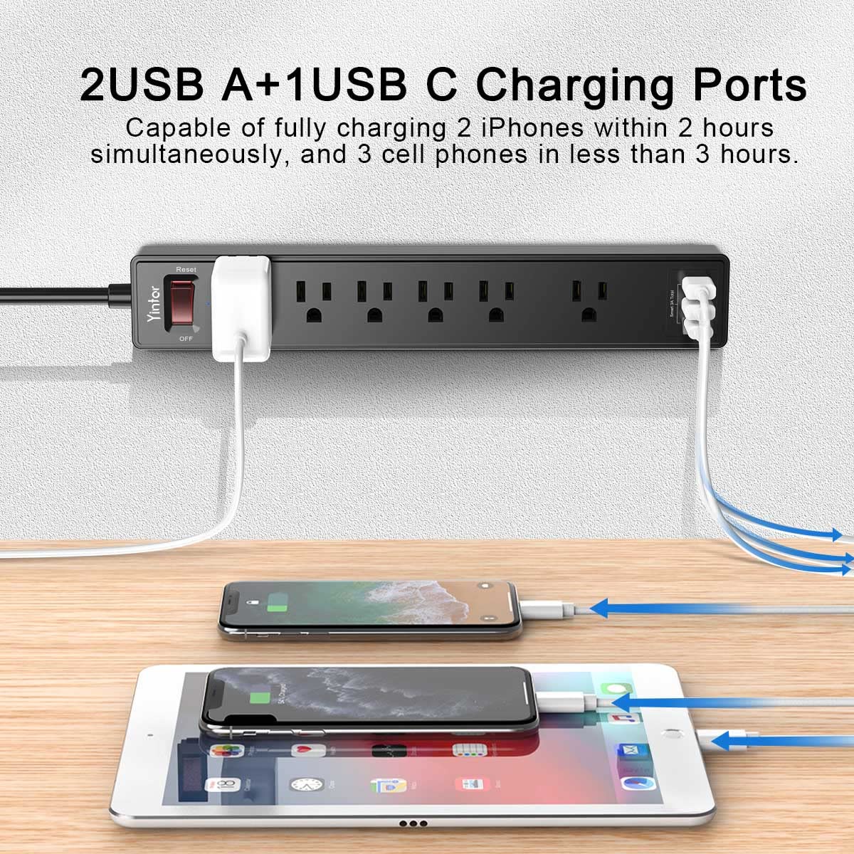 6Ft Power Bar Extension Cord - Yintar Power Strip Surge Protector with 6 AC Outlets and 3 USB Ports(1 USB C), 6 Feet Extension Cord, 1680 Joules, ETL Listed, (Black) 🍁 All In One Marketplace Canada