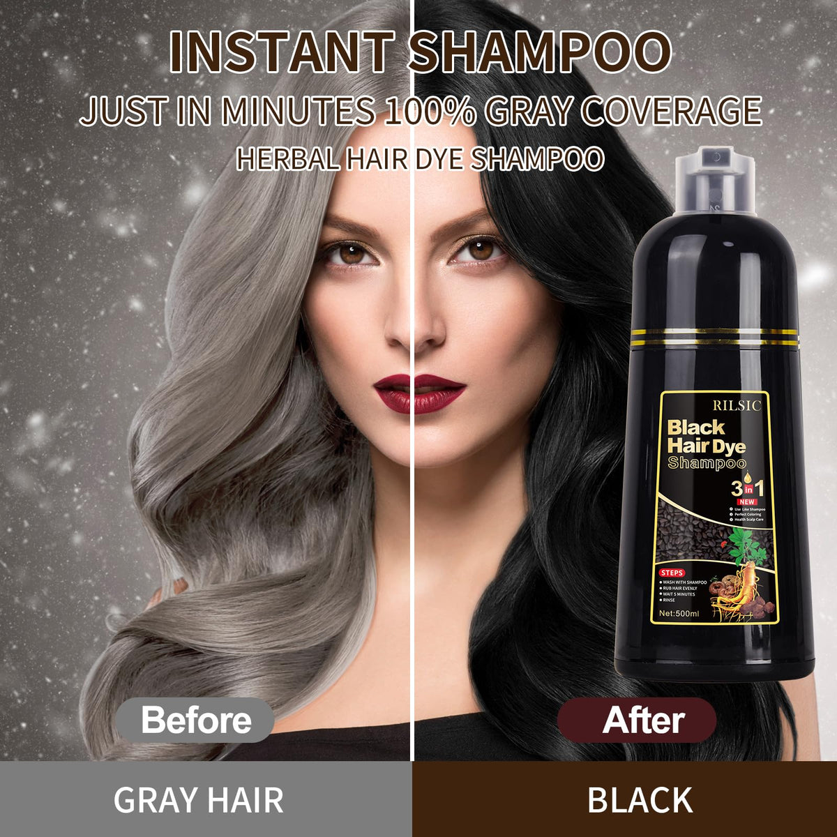 500ML Hair Color Shampoo for Women Men, Hair Dye Shampoo for Grey Hair Beard Coverage, Instant Colour Shampoo 3 in 1 - Long Lasting - Natural - Hair Coloring Hair in Minutes (Natural Black) 🍁 All In One Marketplace Canada
