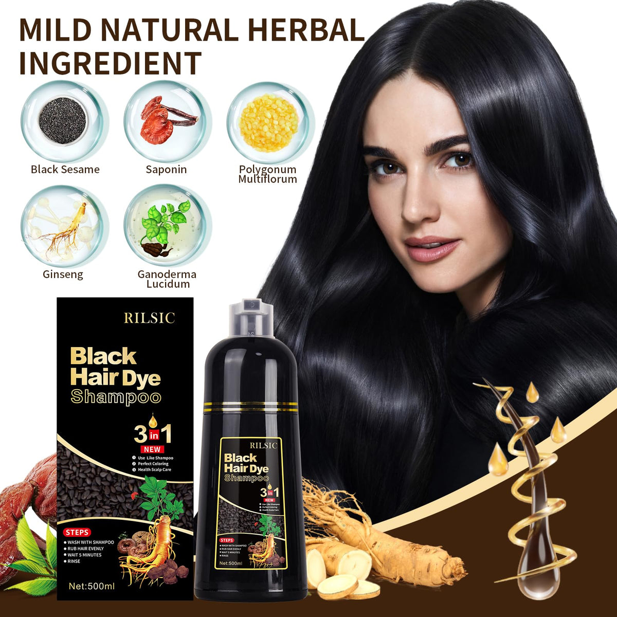 500ML Hair Color Shampoo for Women Men, Hair Dye Shampoo for Grey Hair Beard Coverage, Instant Colour Shampoo 3 in 1 - Long Lasting - Natural - Hair Coloring Hair in Minutes (Natural Black) 🍁 All In One Marketplace Canada