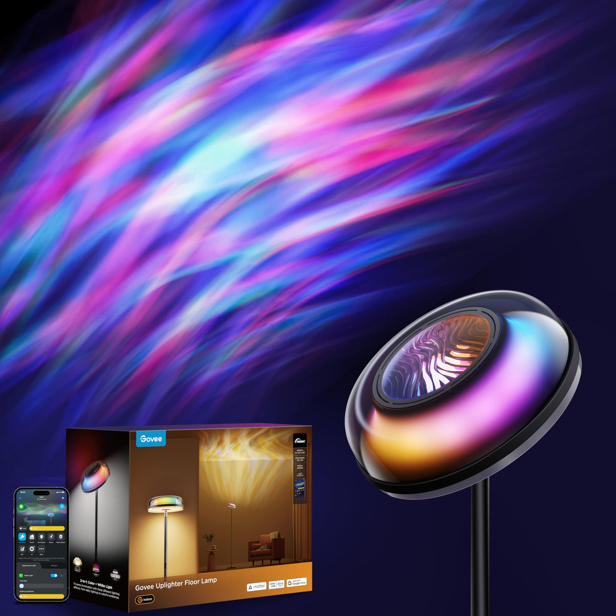 Govee Uplighter Floor Lamp for Living Room, RGBIC Ripple Projector, Smart Floor Lamp for Bedroom, Compatible with SmartThings, Matter, LED Modern Corner Floor Light, Warm Cool White Standing Lamp 🍁 All In One Marketplace Canada