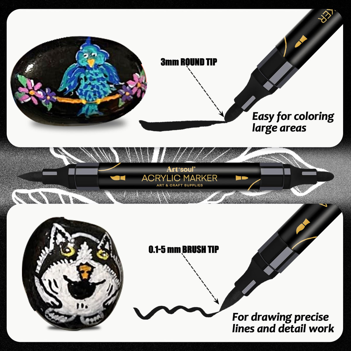 Art+soul 24 Colors Acrylic Paint Pens-Dual Tip Markers, Vibrant, Long Lasting Colors that Dry Quickly, Ideal for Canvas, Paper, Glass, Ceramic, Wood, and Rock 🍁 All In One Marketplace Canada